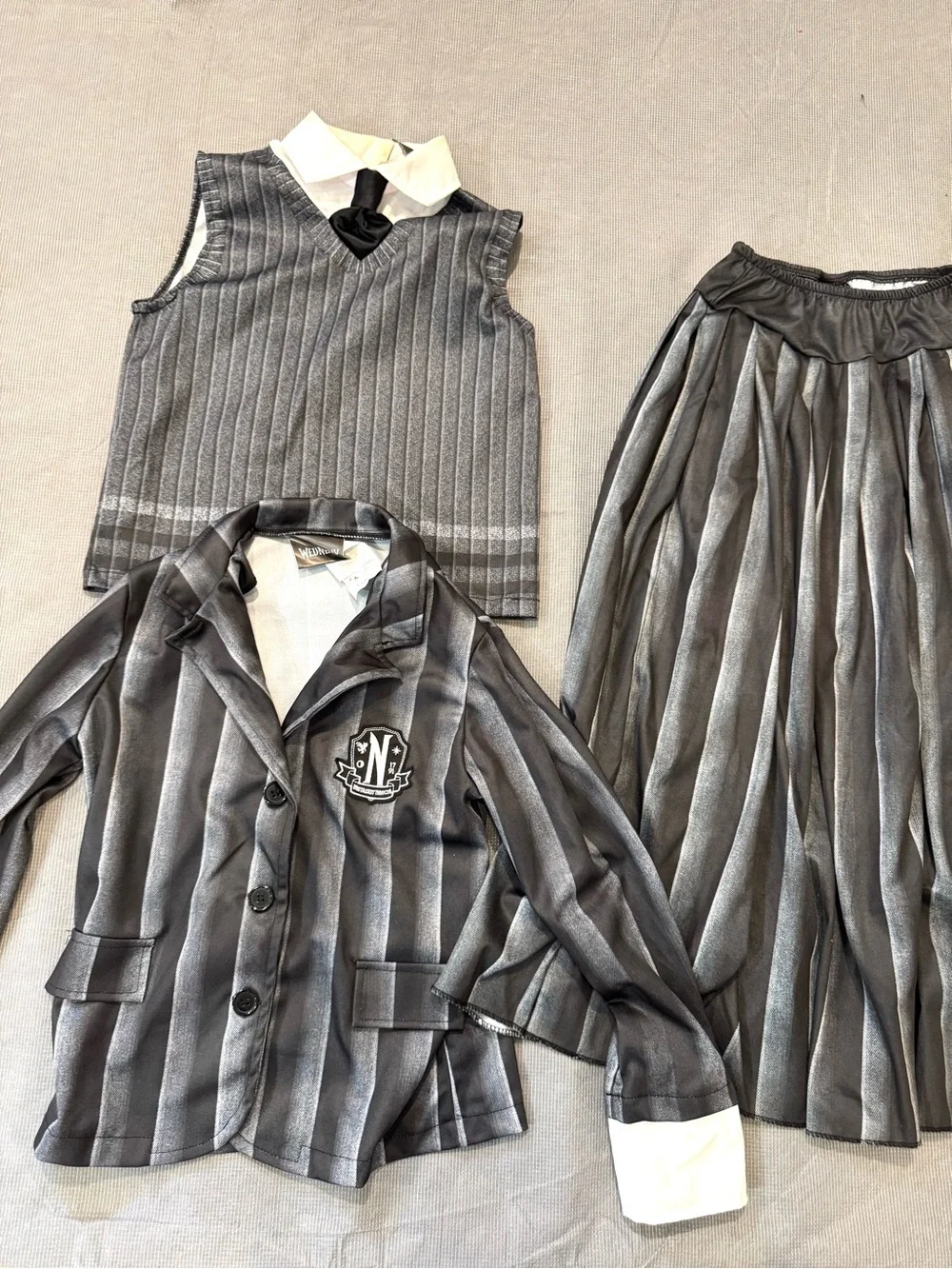 Wednesday Addams Costume Set with Striped Blazer, Skirt and Vest
